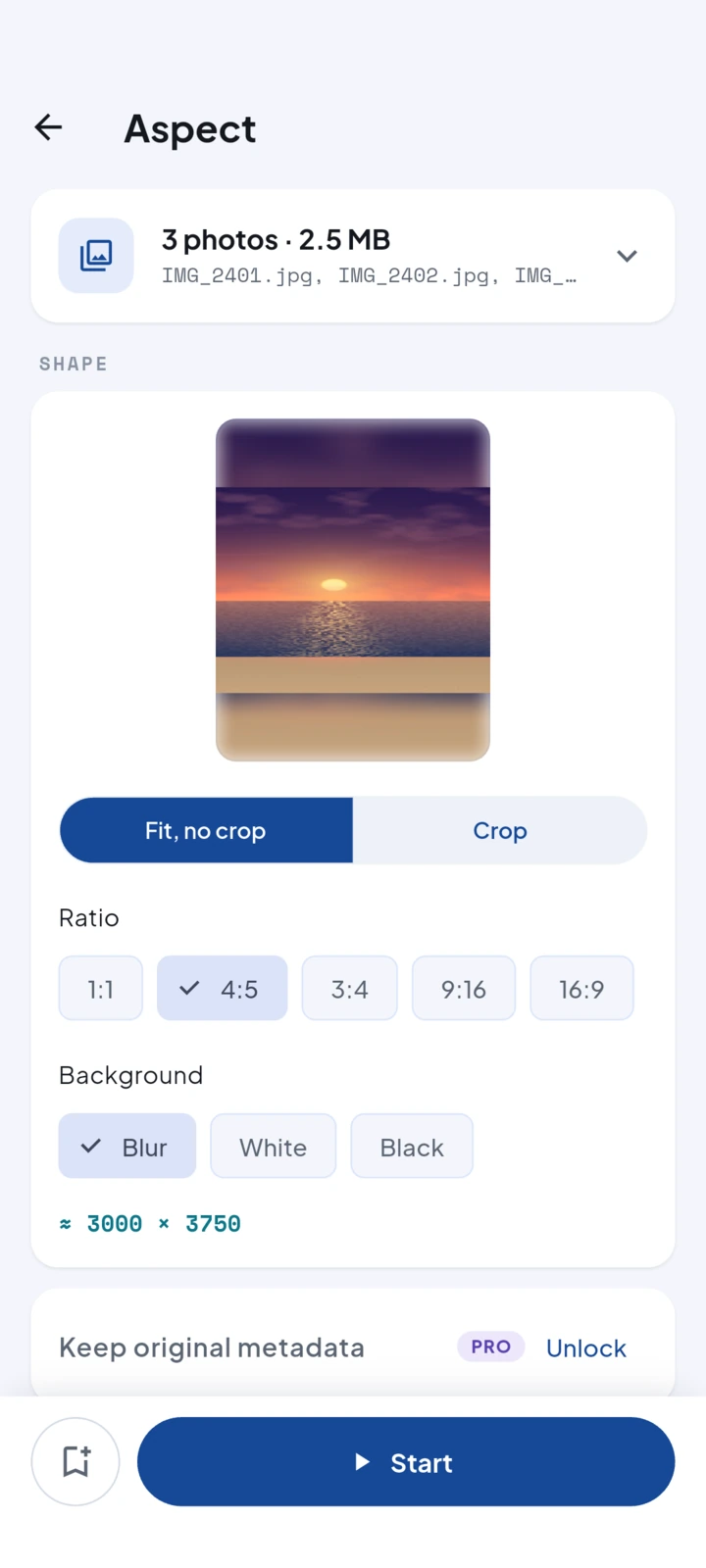 Imgport Aspect screen with three photos selected and a live preview of a beach sunset fitted whole onto a 4:5 canvas over a blurred copy of itself, Fit, no crop selected over Crop, the 1:1, 4:5, 3:4, 9:16, and 16:9 ratio chips with 4:5 selected, Blur, White, and Black backgrounds with Blur selected, and the planned size of about 3000 by 3750.