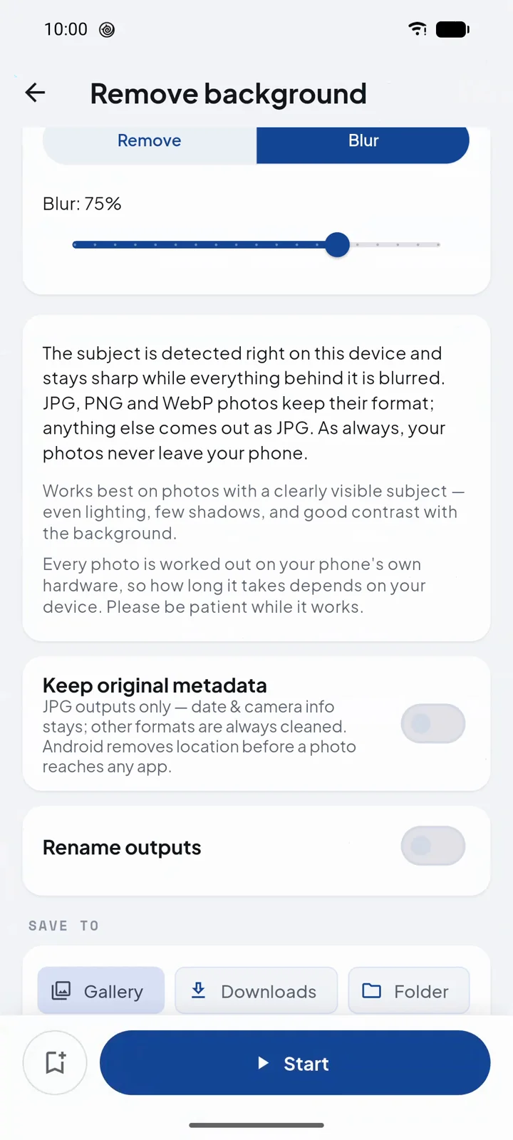 Imgport remove background screen with the Remove and Blur toggle set to Blur, a strength slider at 75 percent, the on-device explainer, the Keep original metadata switch, and the Save to choices