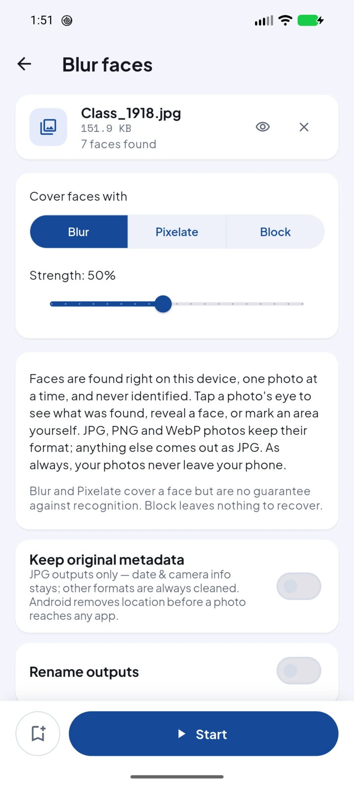 Imgport blur faces screen with a 1918 class photo checked, its row reading 7 faces found, the Blur, Pixelate, and Block choices with Blur selected, a strength slider at 50 percent, the on-device explainer, and the Keep original metadata switch