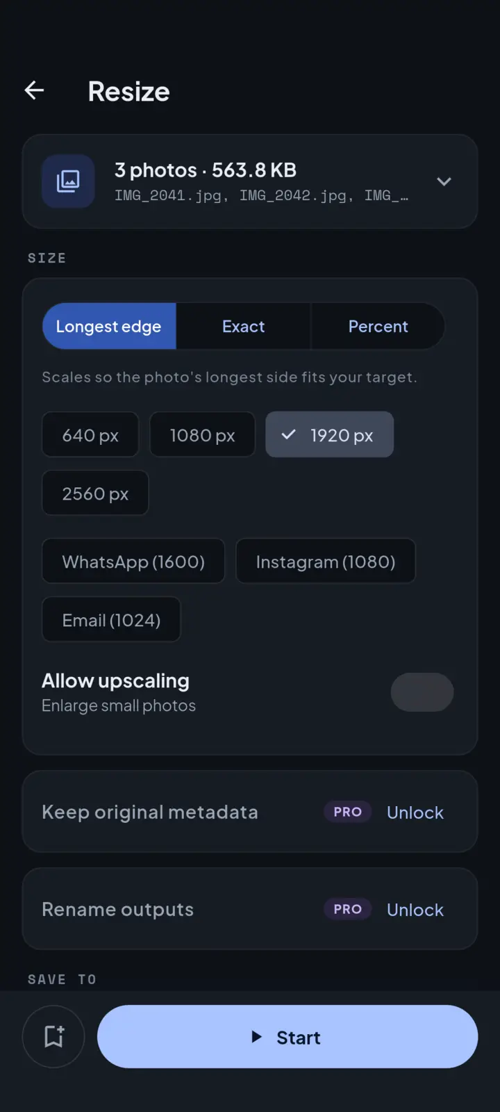 Imgport resize configuration screen with mode segmented control, size presets, an upscale switch, Pro-locked keep-metadata and rename options, and a save destination picker.