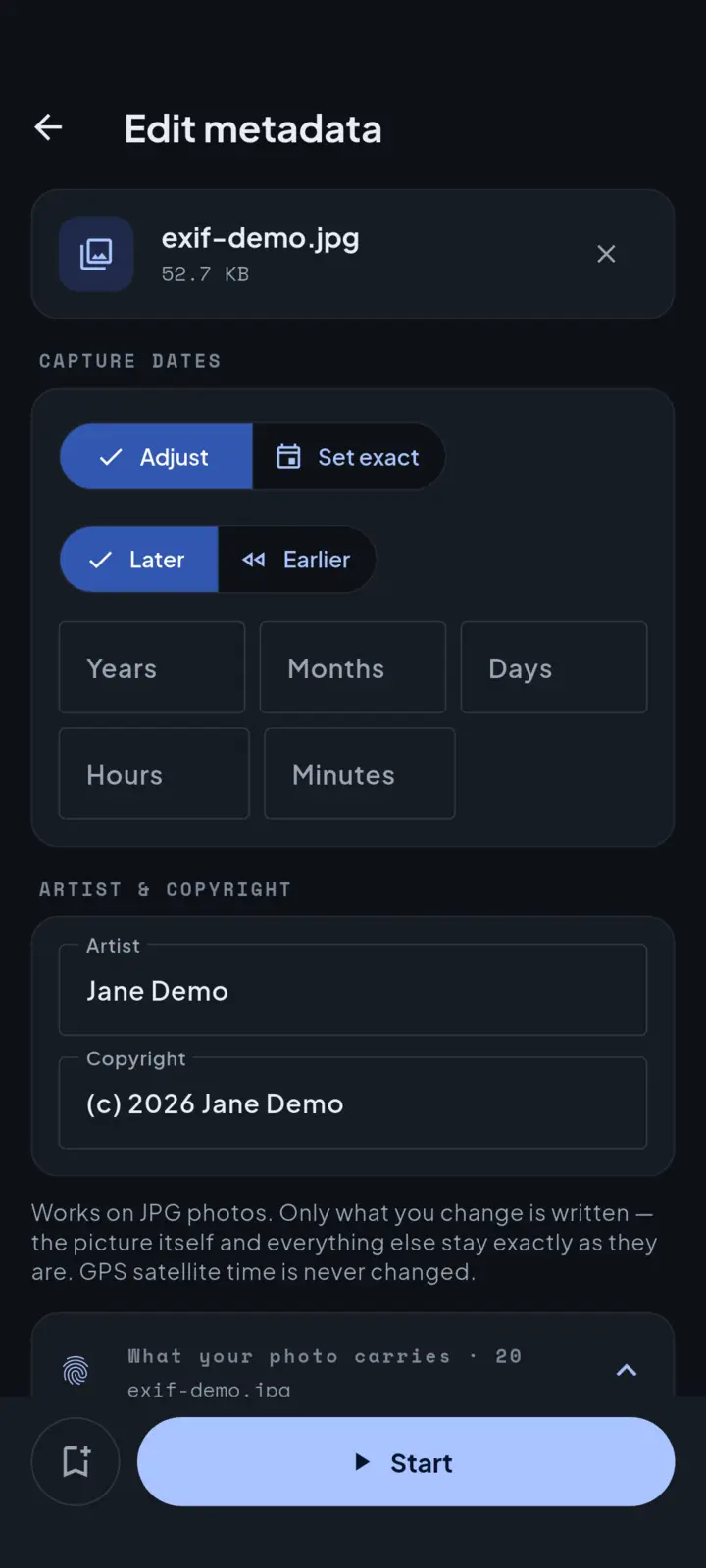 Imgport edit metadata screen with capture-date adjustment fields, artist and copyright inputs, and the free metadata viewer inline.