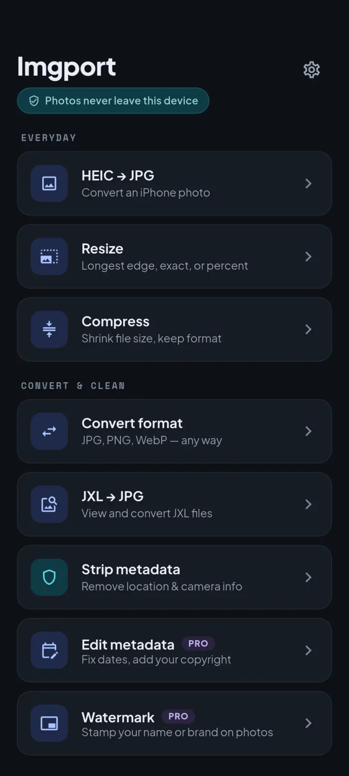 Imgport home screen showing operation tiles: convert HEIC, resize, compress, convert format, view and convert JXL, strip metadata, edit metadata, and watermark.