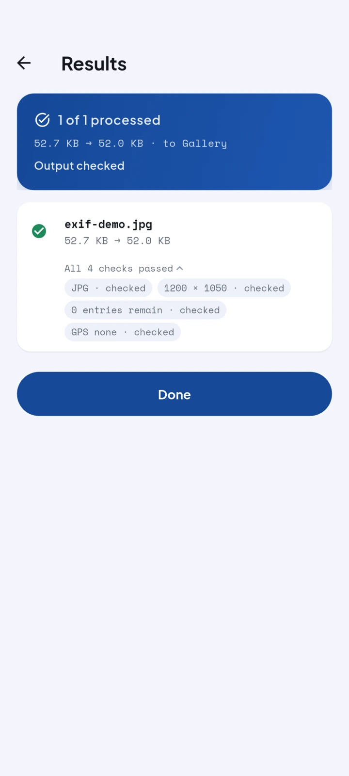 Imgport results screen with the verified receipt open under a photo row: All 4 checks passed, with chips reading JPG checked, 1200 by 1050 checked, 0 entries remain checked, and GPS none checked.