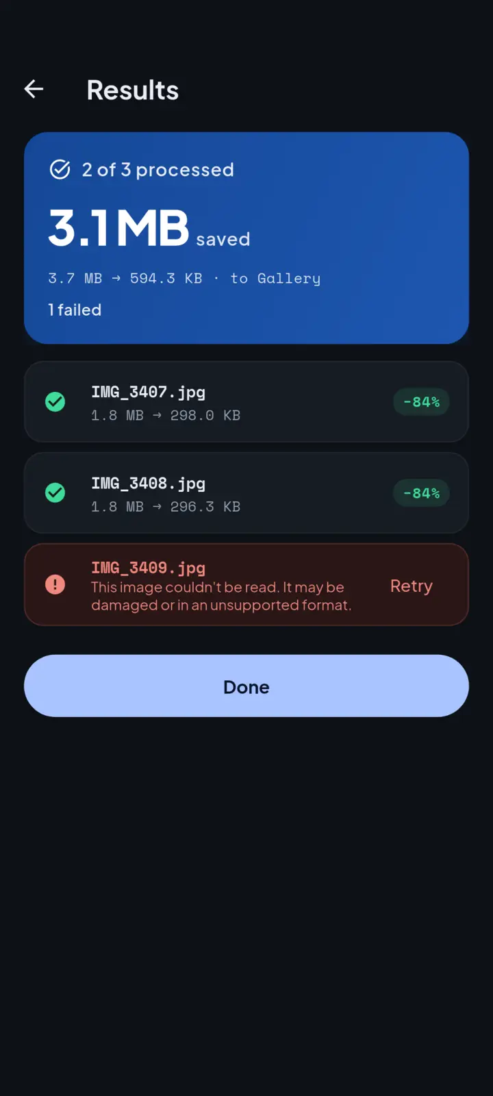 Imgport results screen showing per-photo outcomes for a batch, with output sizes for successful items and an isolated failure with a clear message.