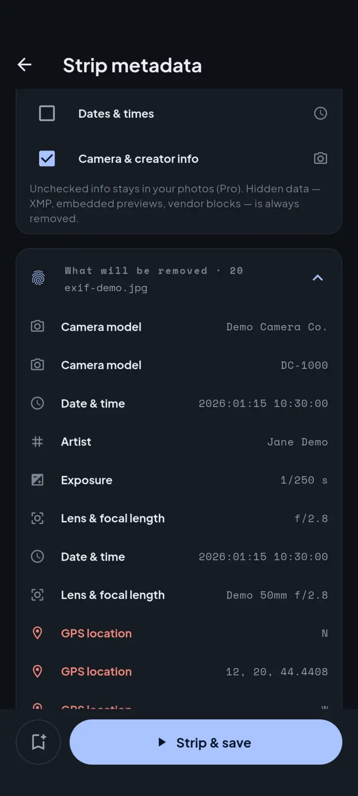 Imgport strip metadata screen with keep-category checkboxes and a preview listing every metadata row that will be removed, including camera model, dates, and GPS location.