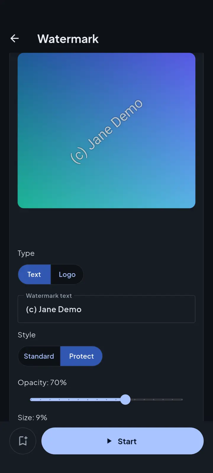 The Protect style in Imgport: one large translucent text band running along the photo's diagonal in the live preview, with opacity and size sliders below.