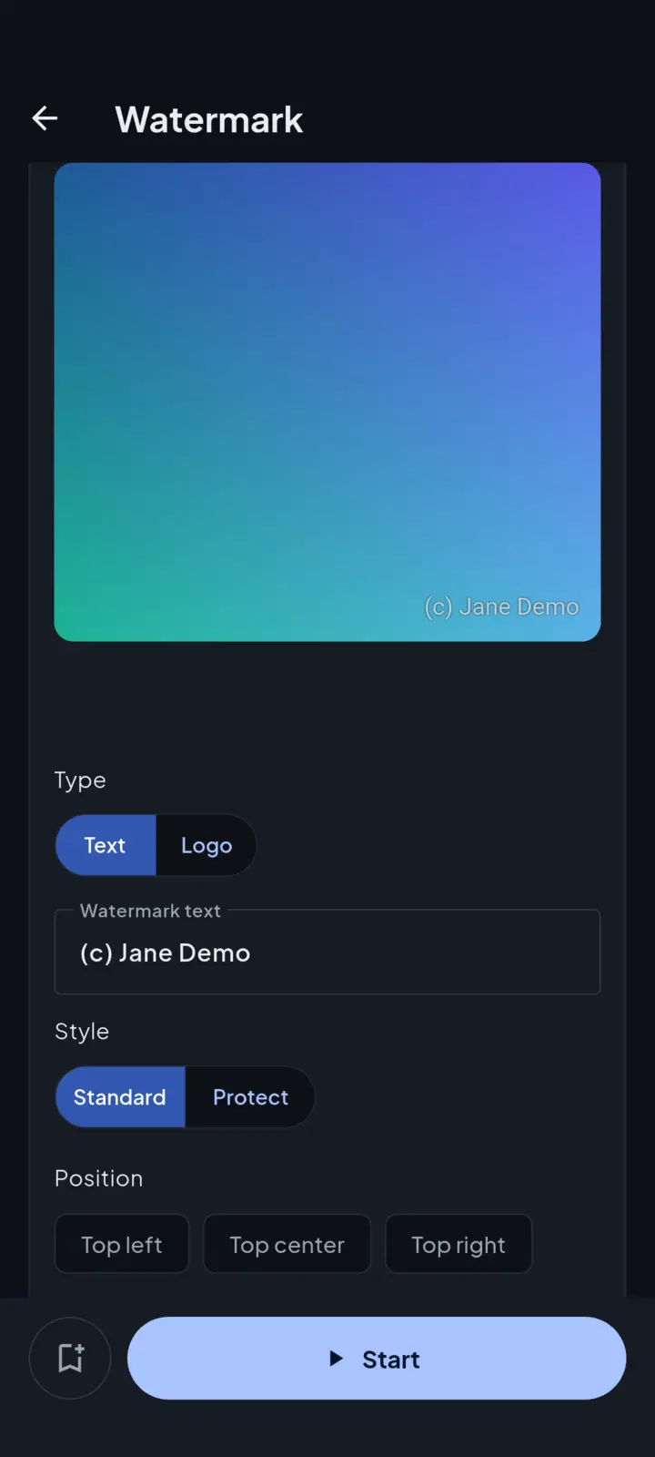 Imgport watermark screen with a live preview of a translucent copyright mark on a photo, text and logo types, Standard and Protect styles, and a nine-position picker.